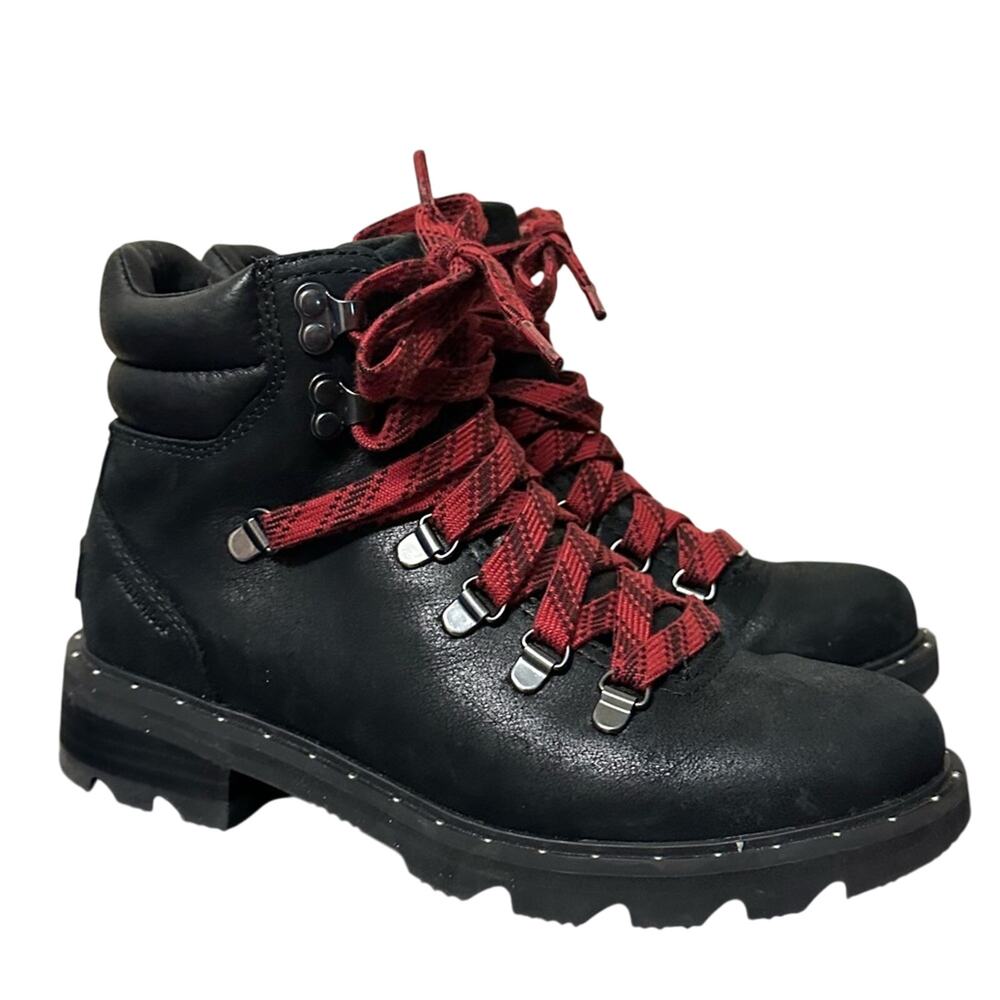 Sorel Women’s Lennox Hiker Boot Black Leather Shoes Size 7 Combat Red Laces